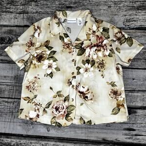 Alfred Dunner Women's Floral Short Sleeve Button Up Size 14P Beige